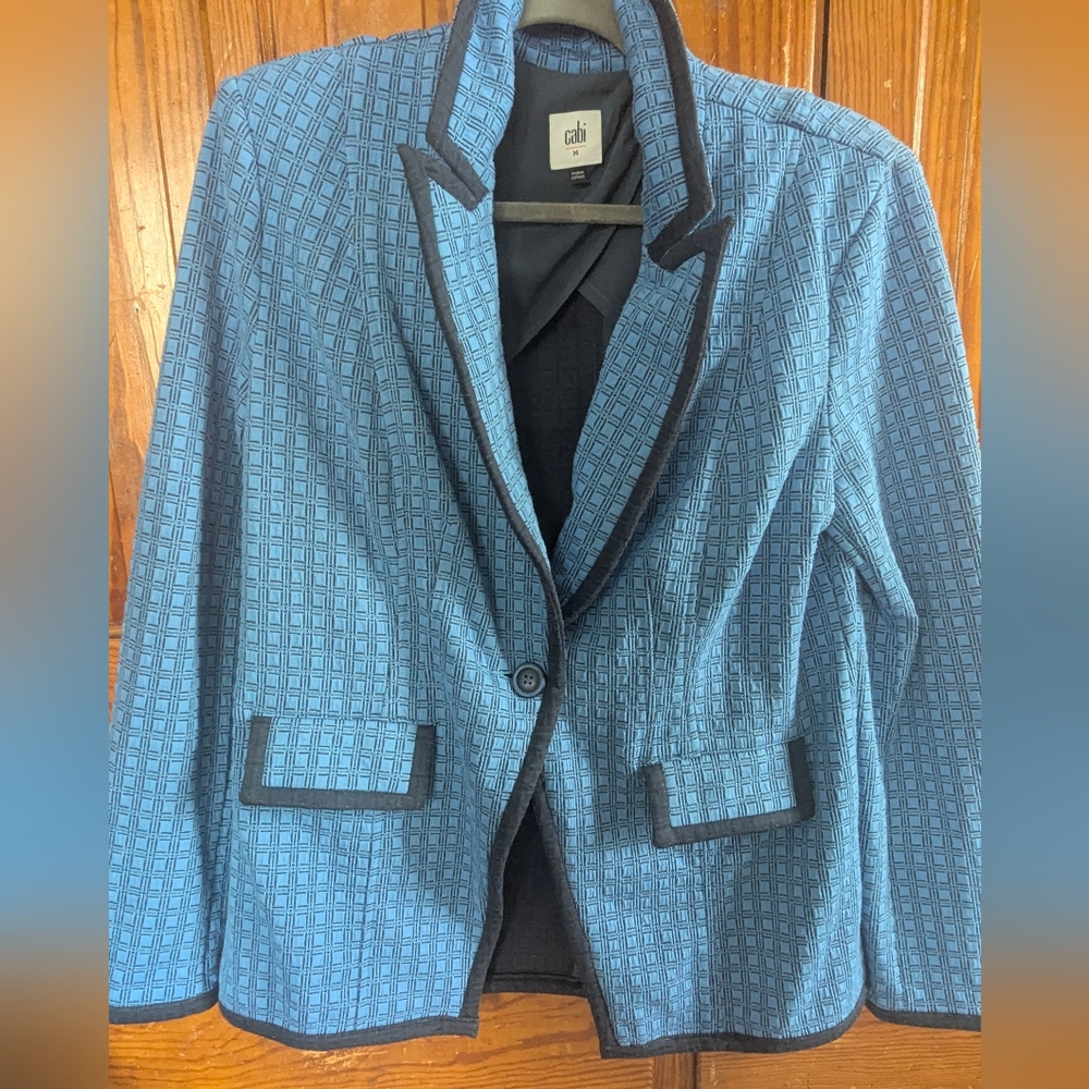 CAbi Blue Patterned Blazer with Black Trim